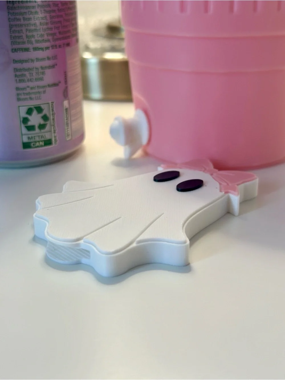 White Ghost with pink bow can opener keychain